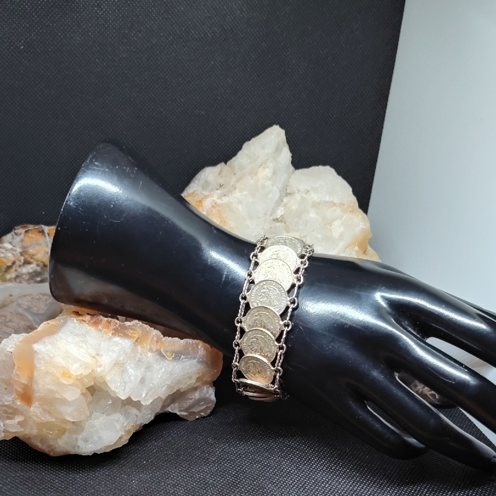 Vintage Silver Tone Cinco Centavos  Mexican Coin Bracelet